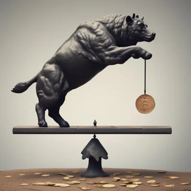 Seesaw with fewer coins on the bull side, representing a low upside/downside ratio in the stock market