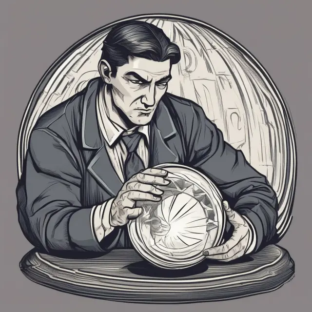A contrarian trader observes market trends via the upside/downside ratio in a crystal ball, anticipating potential reversals