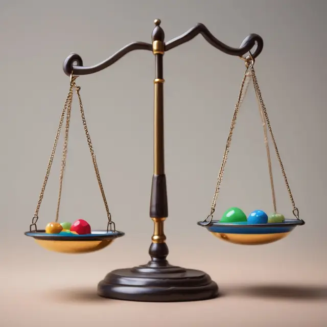 Balanced scales symbolizing market analysis, with a reminder to consider the limitations and potential drawbacks when using the upside/downside ratio