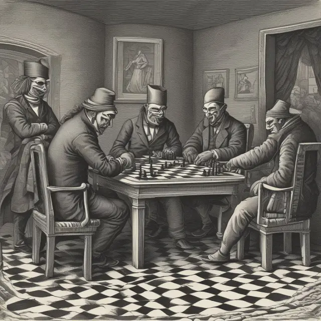 An exclusive club of masked traders engaging in hidden trades on a chessboard-like upstairs market