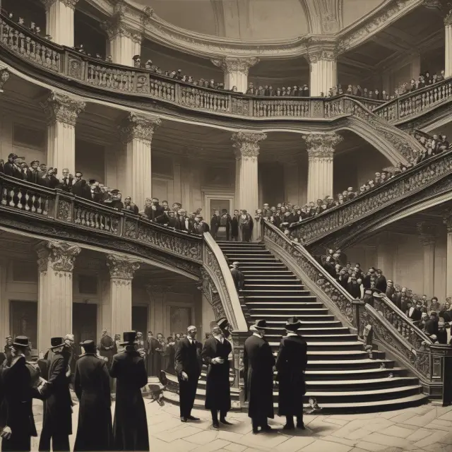 Institutional investors climb a grand staircase towards upstairs markets, contrasted with individual traders on the downstairs floor