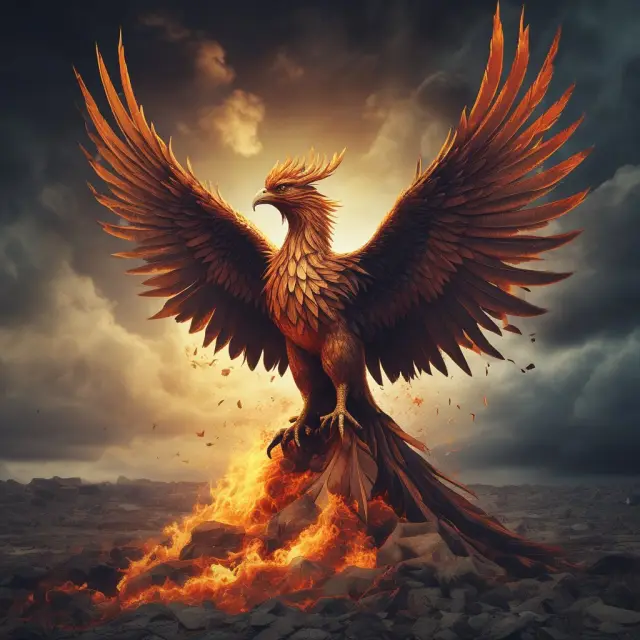 Phoenix emerging from fire and rags, representing sudden rise to a new class or position.