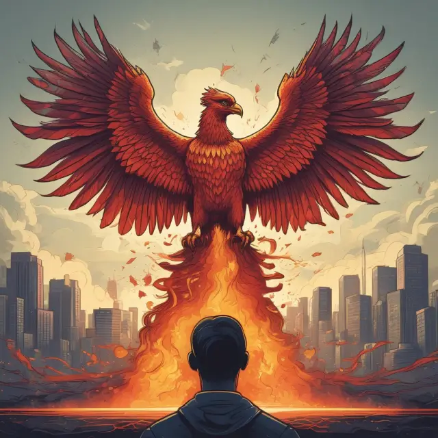 An image of a majestic phoenix rising above the ruins of traditional banking institutions, representing Upstart