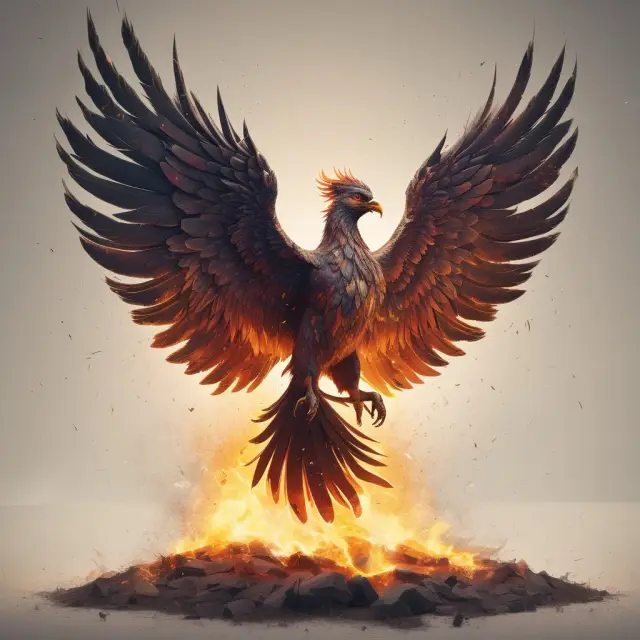A digital phoenix arises from the ruins of a traditional bank, representing the rise and impact of online lenders.