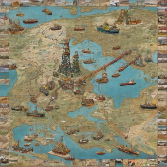 An image showcasing diverse upstream operations: exploration maps, drilling rigs, mining equipment, and E&P projects.