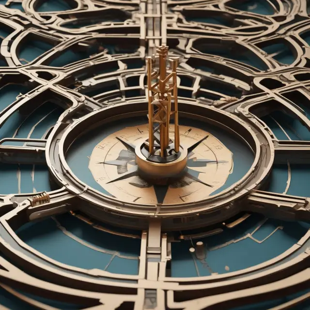 An explorer using a compass to navigate through an oil rig maze, illustrating the Upstream Capital Costs Index as a vital tool for understanding complex oil and gas projects
