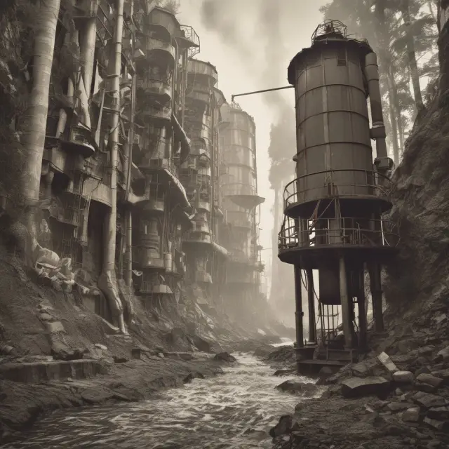 An exploration drill reveals crude oil beneath the ground, while a refinery processes it into gasoline