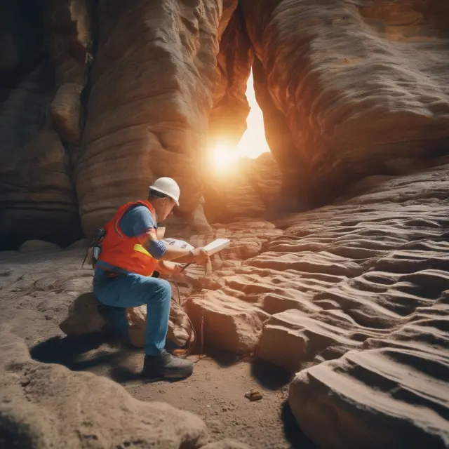 Geologist analyzing rock formations with a geological map while seismic waves reveal subsurface structures