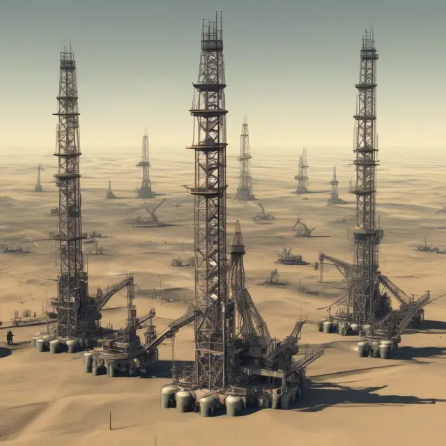 Image: Drilling rigs and derricks operating on a fractal Earth, representing upstream companies