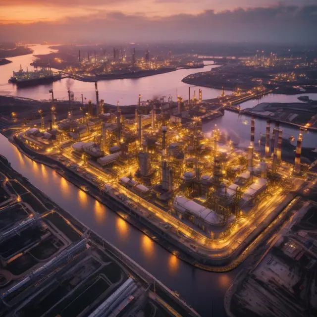 Refinery at the heart of an interconnected network: Upstream (exploration), midstream (transport), and downstream (distribution) sectors
