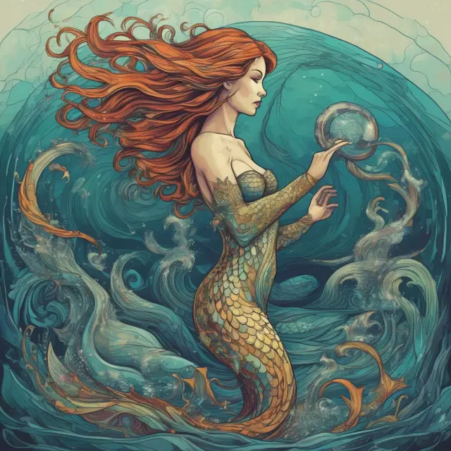 Mermaid utilizing technology to control waves, symbolizing upstream industry advancements