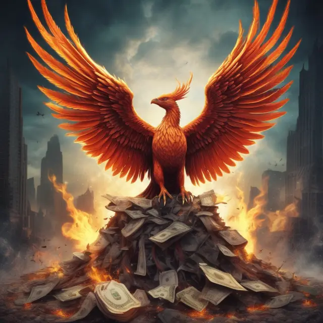 Phoenix bird emerging from stocks chart with upticks