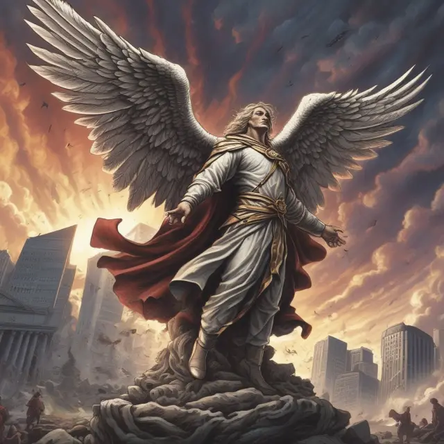 An angelic figure representing the SEC protectively shields the stock market from stormy short selling practices with an upturned hand.