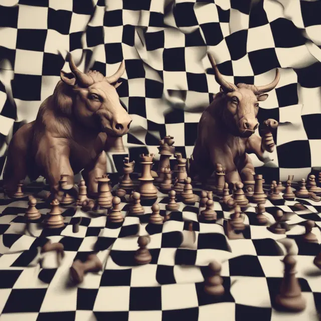 A chessboard scene with a bull symbolizing technical analysis and a bear representing fundamental analysis, engaging in a strategic game to determine the best investment approach