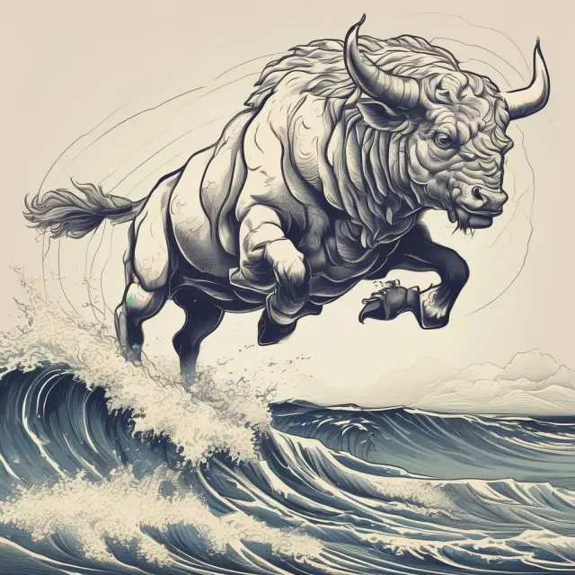 A bull symbolically navigates an uptrend, considering buying during pullbacks or entering near highs