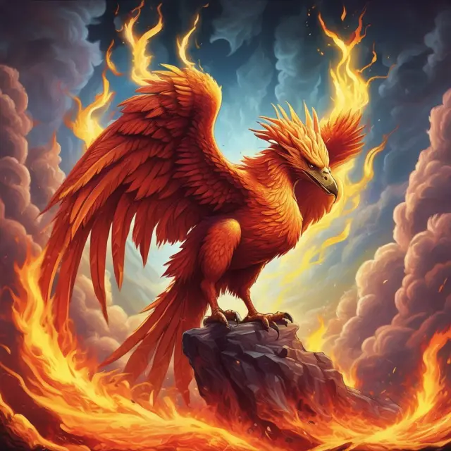 Image of a mythical Phoenix rising above uptrend chart with volatile price fluctuations.