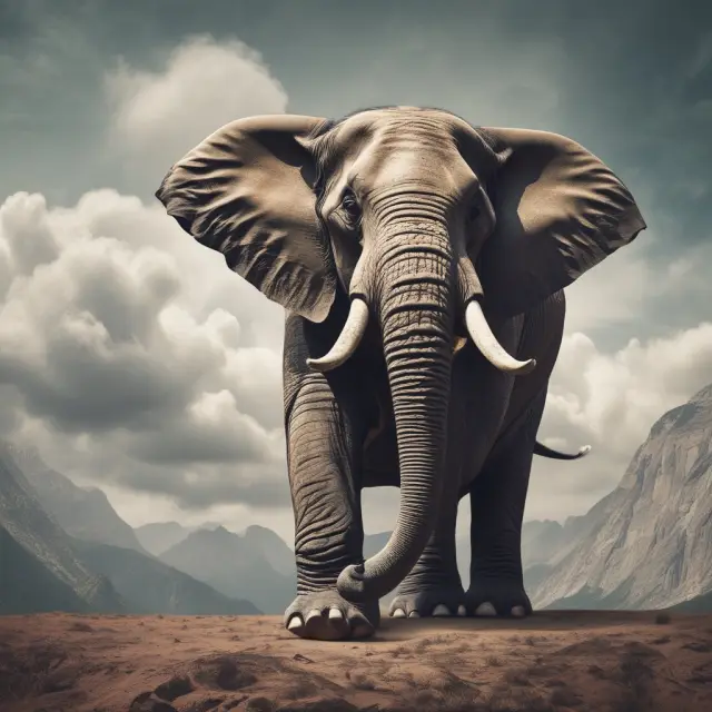 An elephant struggling to climb a mountain filled with resistance levels, representing challenges investors face during an uptrend