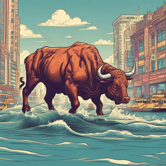 A bull is surrounded by waves representing an uptrend, while a trader neglects support levels and clings to the bull