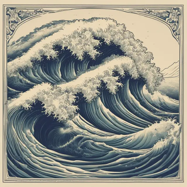 Waves symbolizing market sentiment influence the vast sea of trading volumes, with optimistic sentiment causing increased activity and upward price movement