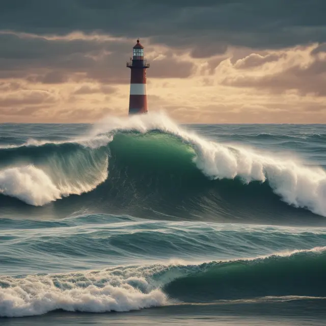 A bull market illustrated by a rising wave representing price growth and the PVI as a guiding lighthouse, symbolizing the importance of up volume in confirming bullish trends
