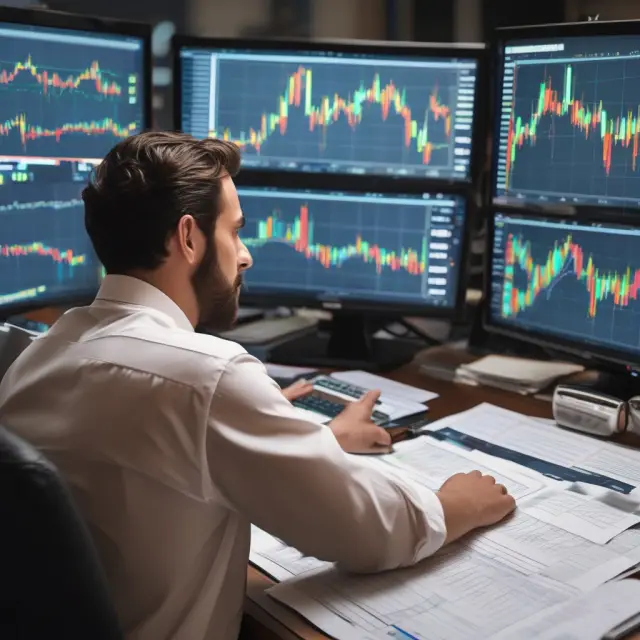 Stock trader utilizing up volume strategies amidst charts, representing long-term and short-term investment approaches and risk management