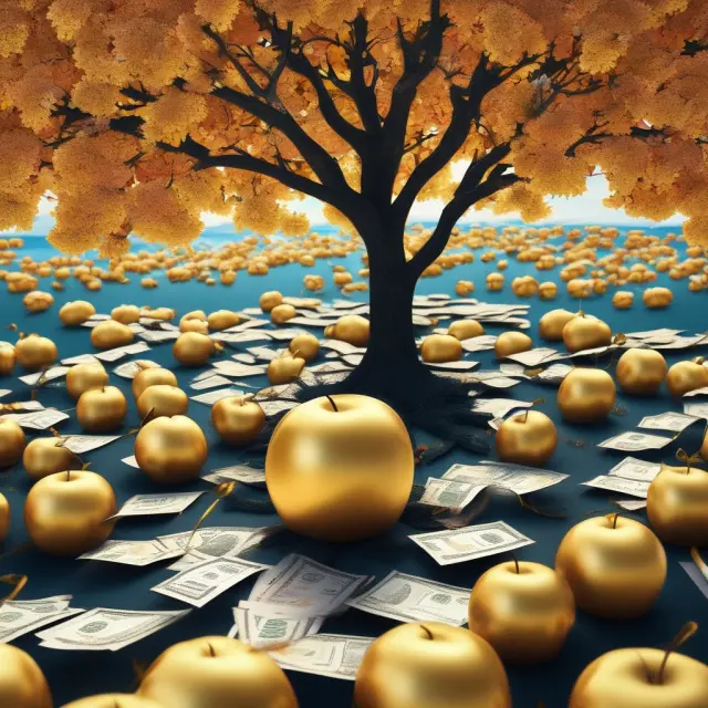 An image of a golden apple tree surrounded by trading tickets, representing the fruitful growth and high volume trades of successful up volume investments.