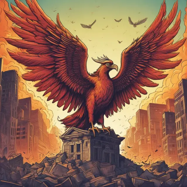 Phoenix emerging from flames with HUD logo and urban cityscape in the background, symbolizing new housing policies after the Urban Development Act of 1970.