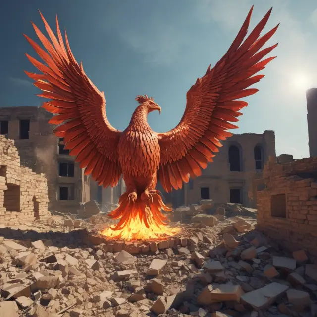 Phoenix rising above urban ruins, depicting the impact of the Federal Experimental Housing Allowance Program on urban development