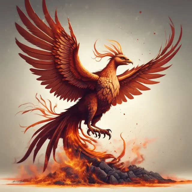 A phoenix rising from a pile of ashes, representing the revitalization efforts and transformation of underprivileged communities by Community Development Corporations