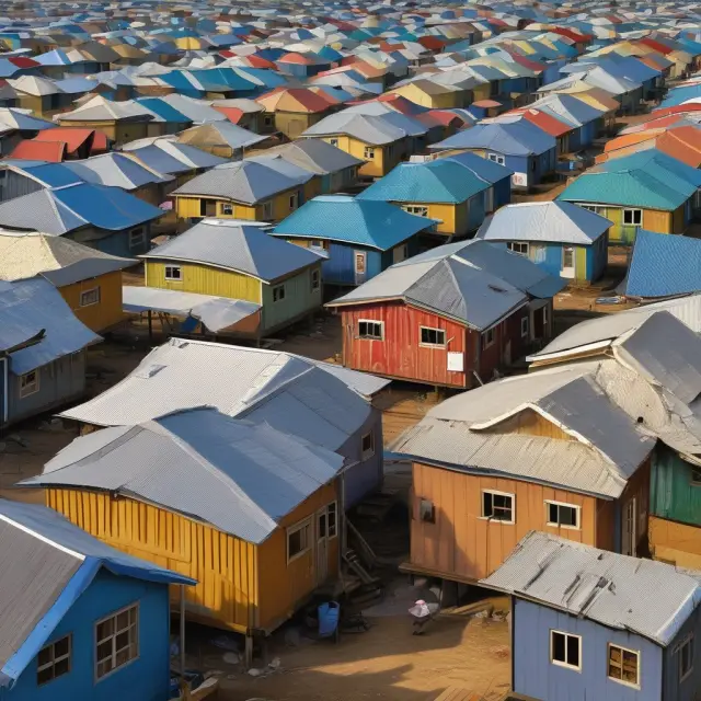 Golden mortgage houses for the rich next to shack dwellings for low-income families, symbolizing unequal government housing subsidies