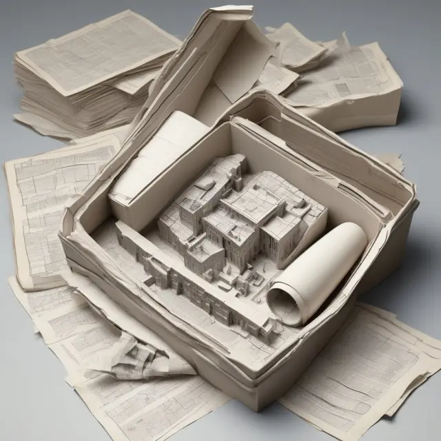 An exploding time capsule releasing urban plans, legislation papers, and housing subsidies to illustrate the impacts of the Urban Development Act of 1970