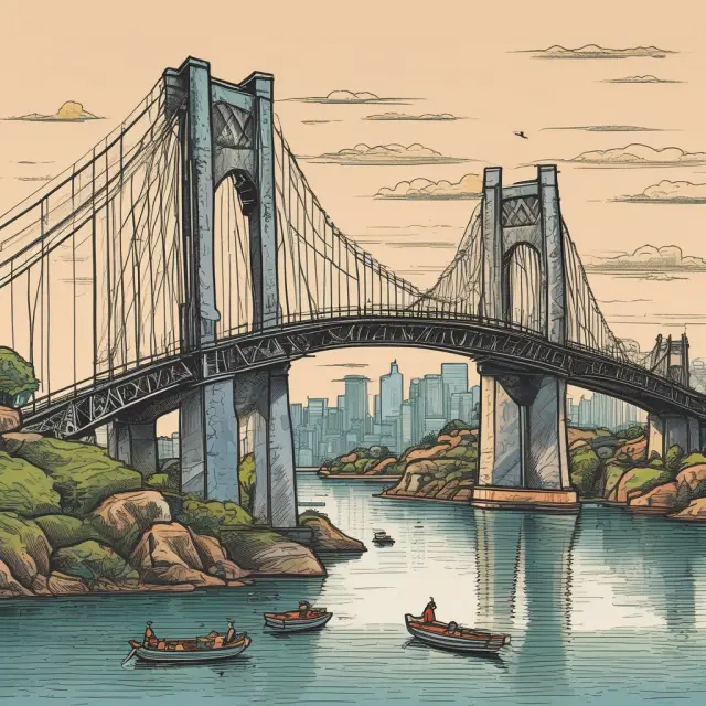 An elegant bridge connecting two lands symbolizes the Uniform Rules for Demand Guarantees (URDG) bridging parties through various guarantees, like demand guarantees and arbitration agreements.