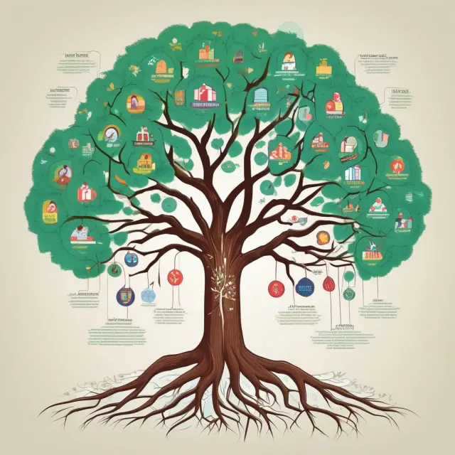 A sturdy tree symbolizing HHS with outstretched roots representing healthcare, social services, research, and economic relief programs