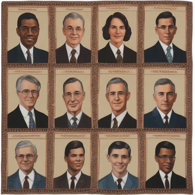 A historic tapestry featuring the likenesses and achievements of notable figures who shaped the U.S. Department of Health and Human Services, from Oveta Culp Hobby to Xavier Becerra.