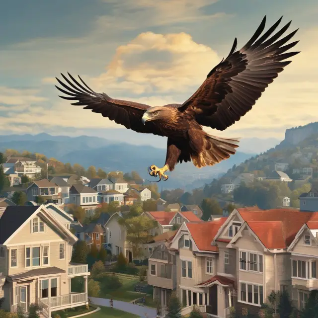 Golden eagle flying over a thriving housing market with mortgage-backed securities in its talons, symbolizing Ginnie Mae