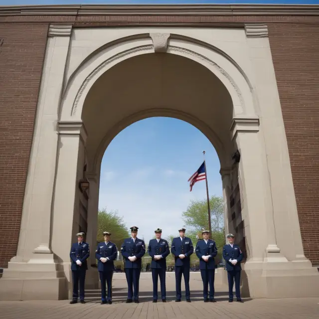 A group of veterans proudly standing beneath a grand archway formed by the I CARE values: Integrity, Commitment, Advocacy, Respect, and Excellence.