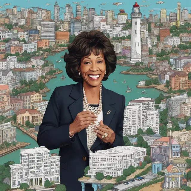 Maxine Waters sailing through a sea of federal entities (HUD, Treasury, Fed, SEC) and GSEs (Fannie Mae & Freddie Mac), represented as lighthouses, symbolizing her role in overseeing their activities.