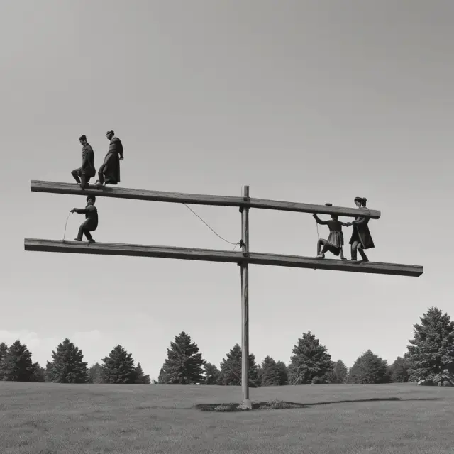 Members of U.S. House Financial Services Committee on a seesaw, symbolizing their roles in maintaining balance between regulatory reform, transparency, and consumer protection.