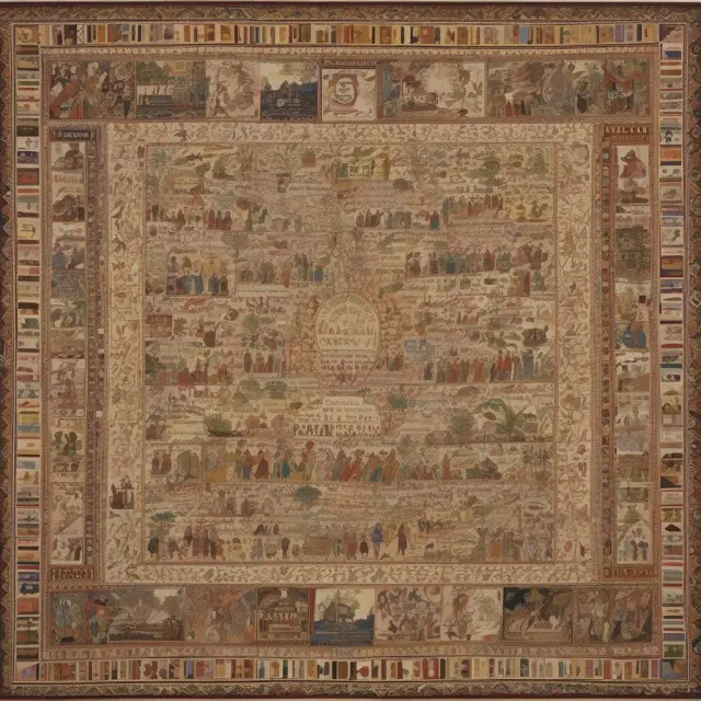 Image: A meticulously crafted tapestry symbolizing the rich history of USAID, featuring diverse countries as individual threads woven together for global progress.
