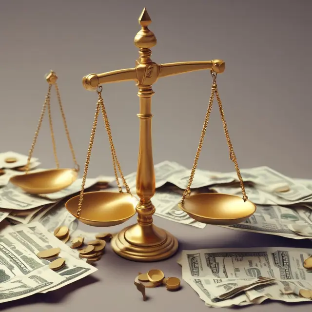 A golden scale balanced between a pile of bills and an hourglass, symbolizing the calculation of usance charges based on time and interest rates.