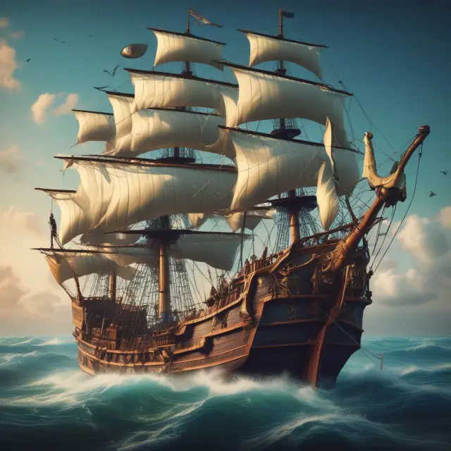 A sailor navigates a galleon through treacherous usance waters, utilizing hedging strategies guided by a financial advisor on the deck