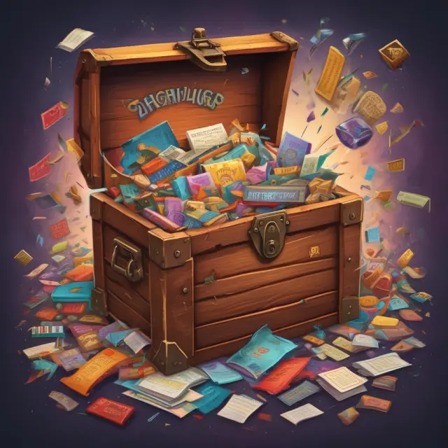 An ornate treasure chest filled with golden coins and various scholarship certificates representing financial aid resources for a diverse group of students at the Marshall School of Business