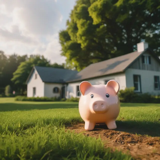 A rustic farmhouse sits on a lush green landscape, with a piggy bank sitting in its yard—representing USDA loans that make homeownership affordable for rural residents.
