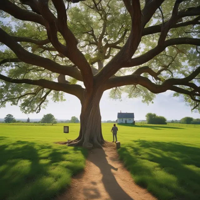 A rural homeowner seeking knowledge about USDA streamlined refinancing consults a tree filled with FAQ answers and sunlight, symbolizing clarity and growth.