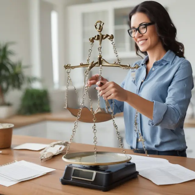 A person holding a set of scales, one side representing their current USDA mortgage loan and the other showing a potential new mortgage payment after streamlined refinancing