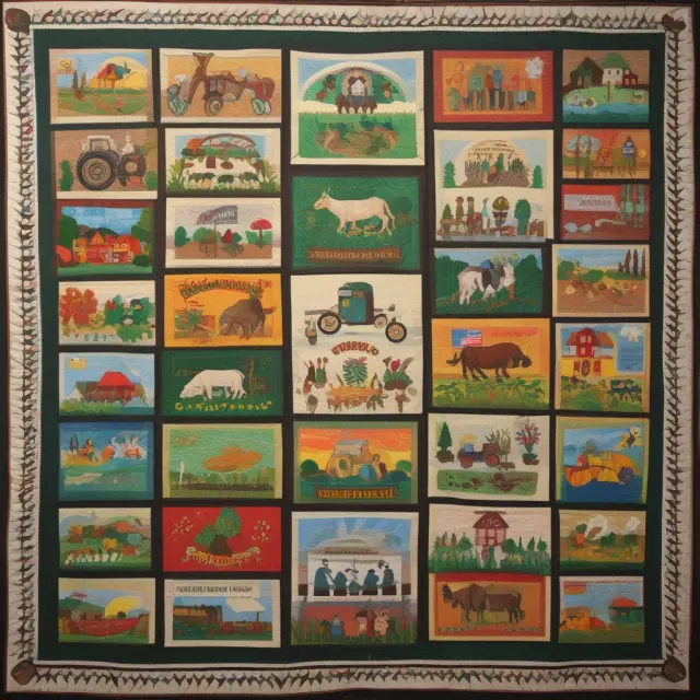 An intricately stitched quilt illustrating the diverse USDA departments and their interconnections