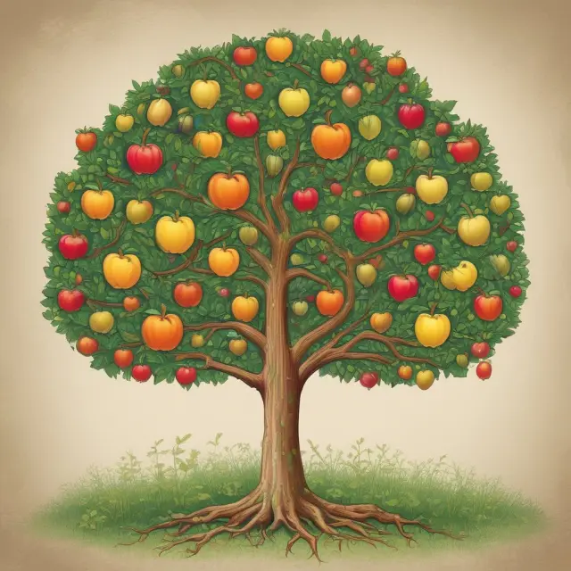 A flourishing USDA tree with branches laden with apples (School Meals), oranges (SNAP & WIC), and pears (Ag Education) representing nutrition and social welfare programs