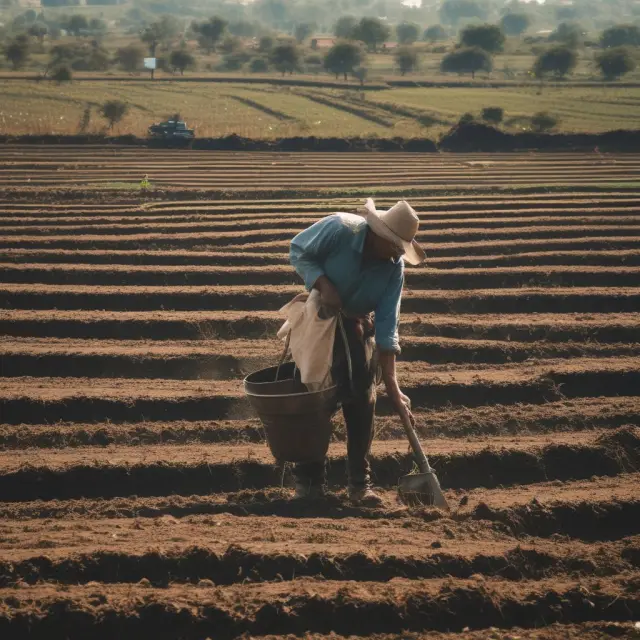 Farmer working in a field with electricity pole, water pump, and waste bin, symbolizing USDA
