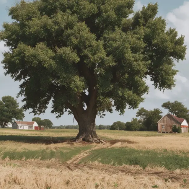 An image of fertile farmland nurtured by USDA programs, with a tree bearing the USDA logo and a vibrant agricultural community developing below