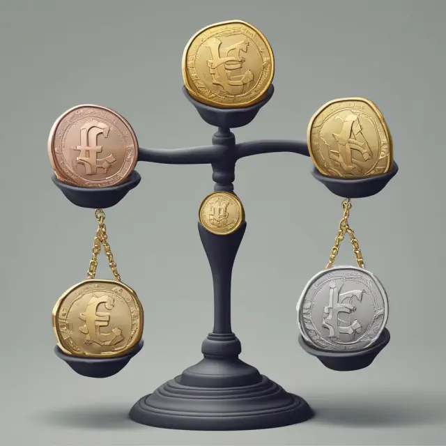 A balanced scale with six coins representing Euro, Yen, Pound, CAD, CHF, and SEK, symbolizing their weights within the U.S. Dollar Index.